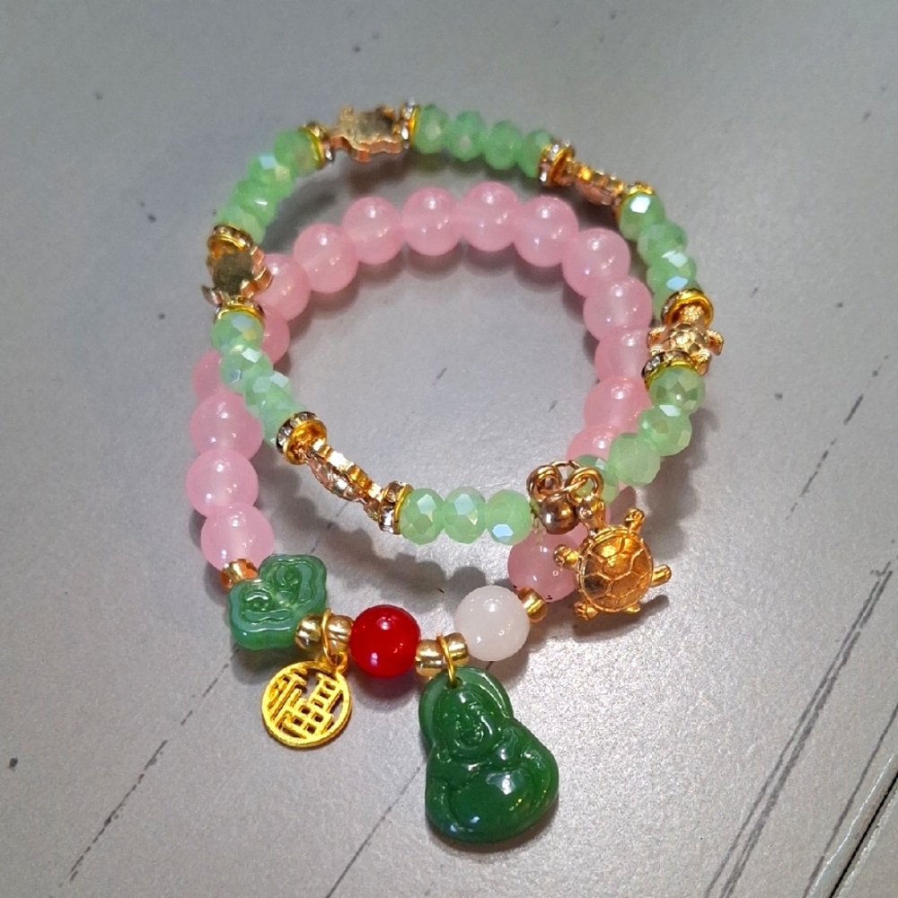 Green Turtle & Pink Buddah Beaded Bracelet Set